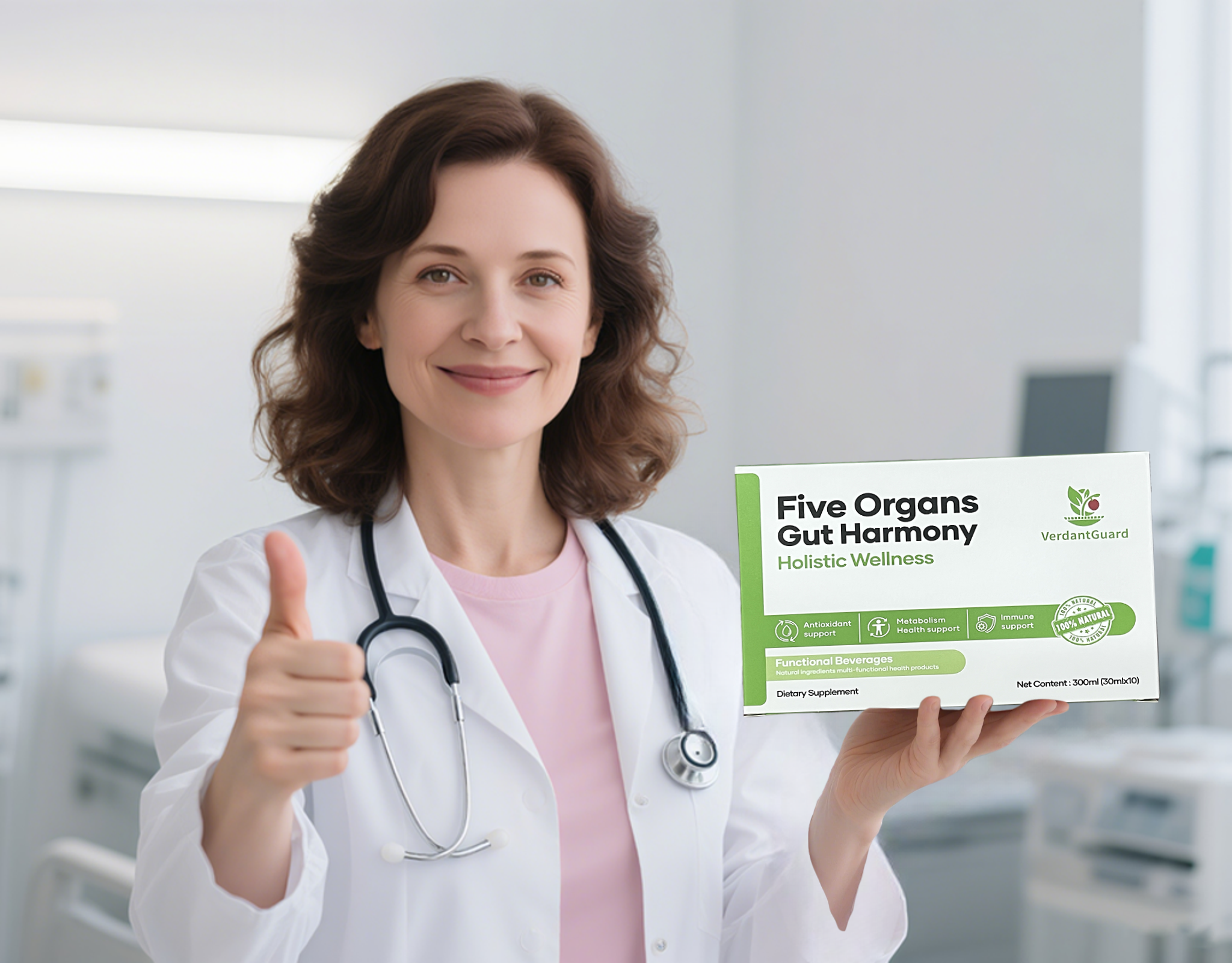 Woman in lab coat giving a thumbs-up while holding VerdantGuard supplement box - product supports holistic internal organ balance (functional herbal beverage)